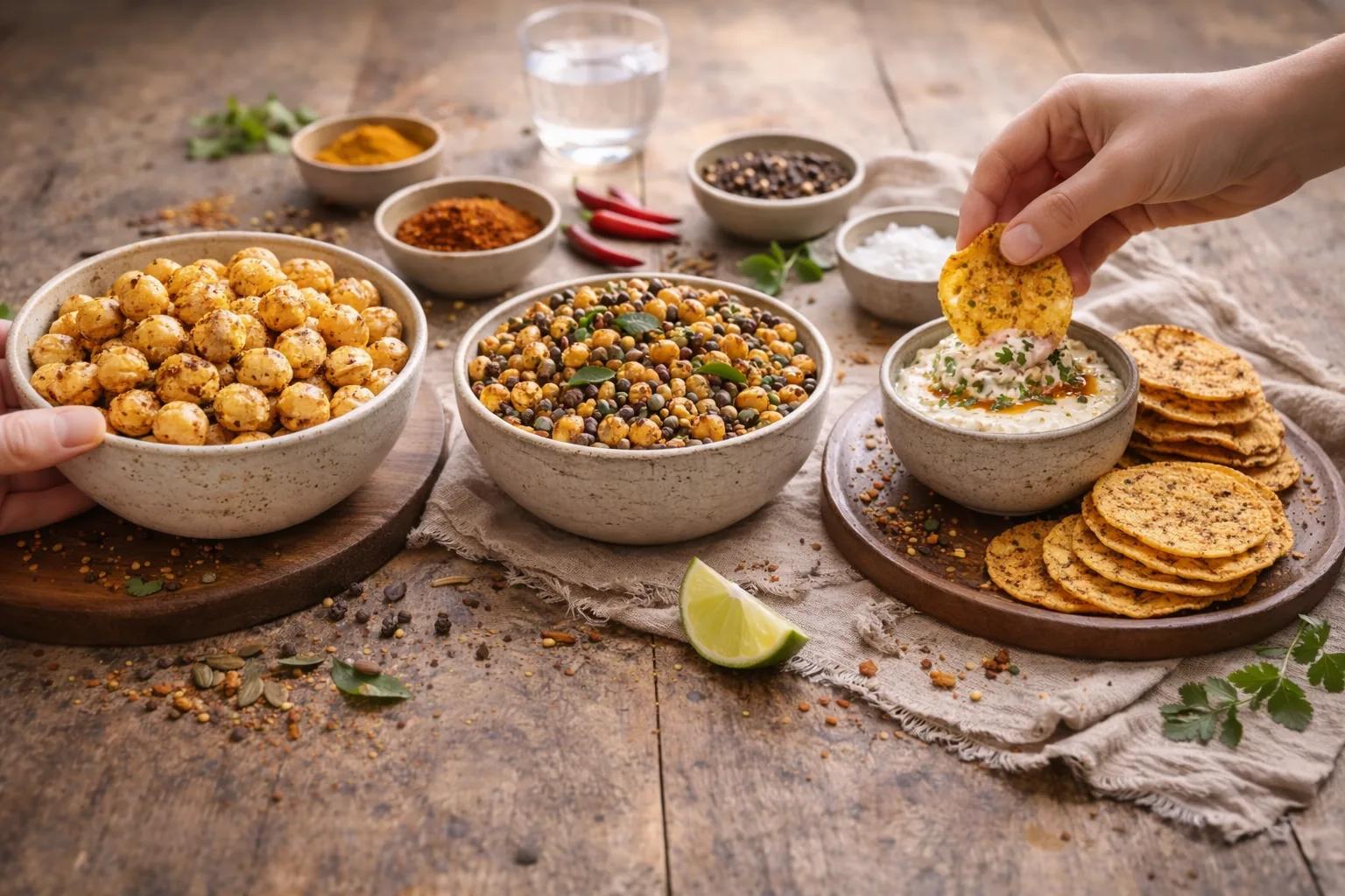 Spicenza snacks styled on a warm table with grains and serving ideas